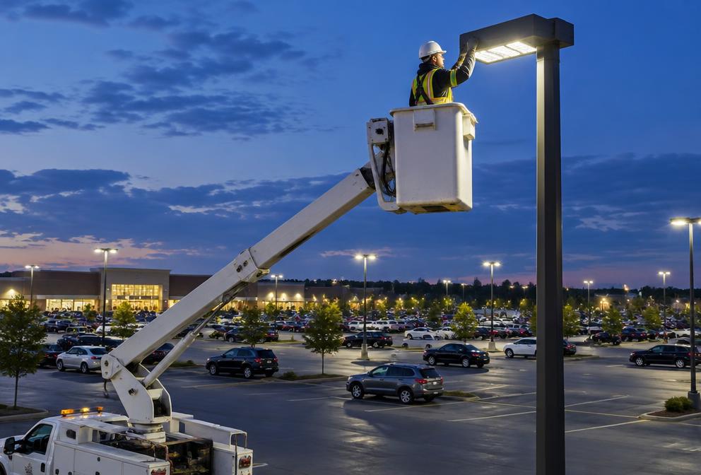 Contractor installing an LED parking lot fixture using a bucket lift