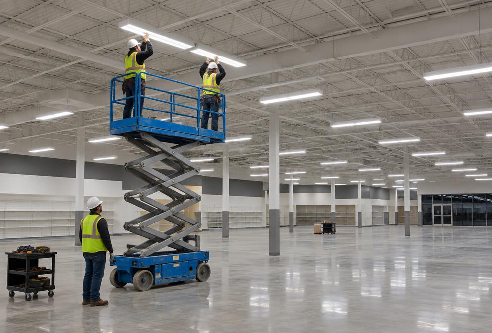 Commercial lighting crew installing retail ceiling fixtures