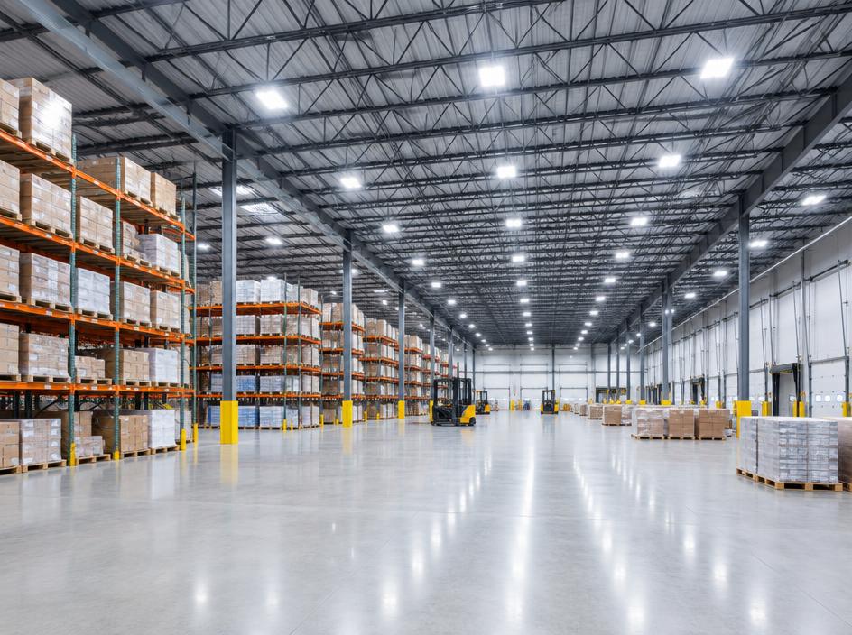 Bright LED high-bay lighting across a modern commercial warehouse